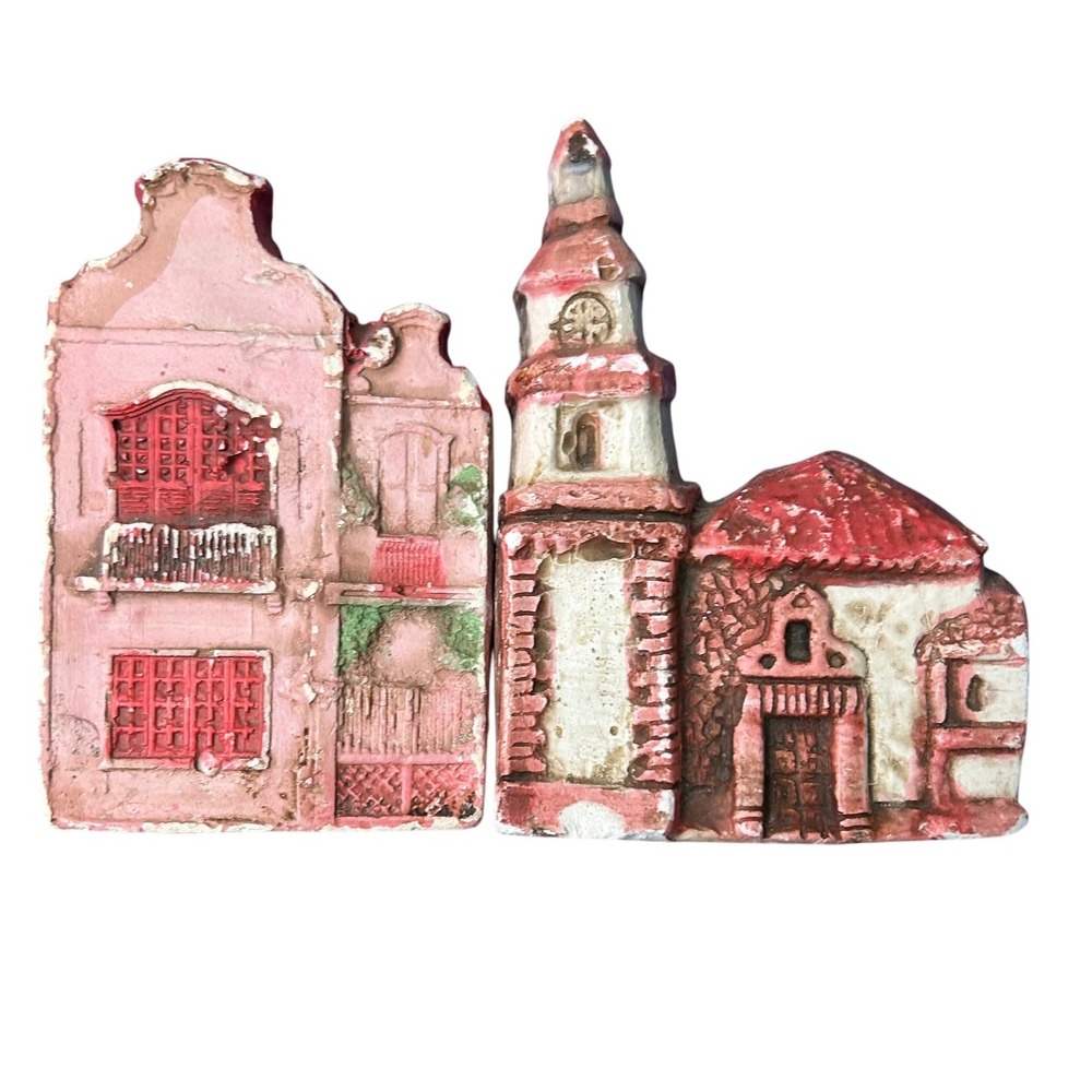 Vintage Church & House Figurine Wall Decor Set, Pink/ White, Architectural Italy